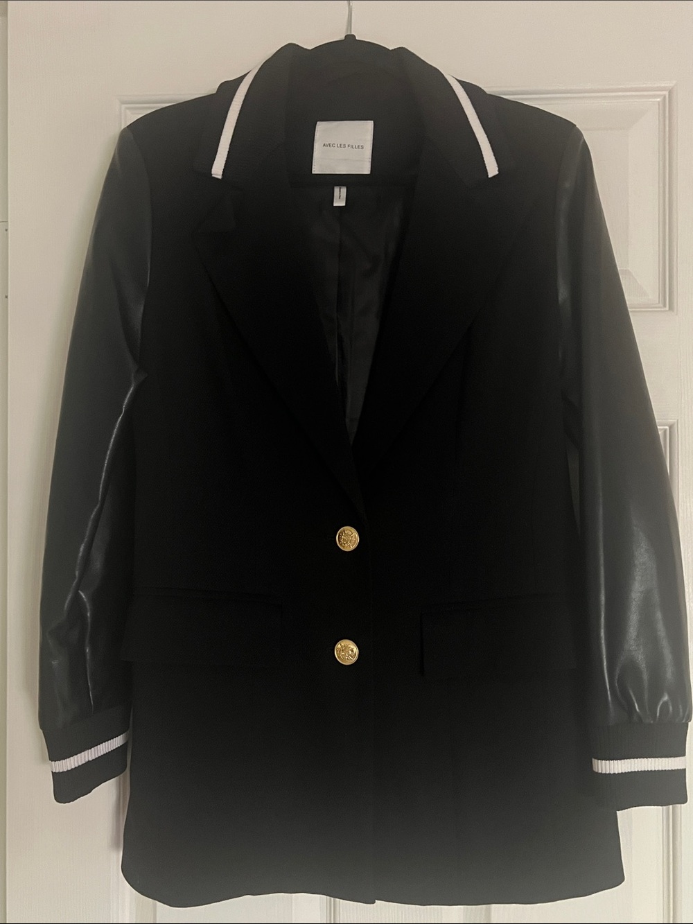 Avec Les Filles Black Blazer with White Trim and Gold Buttons